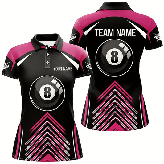 Goofygear Personalized Pink Black Billiard 8 Ball Pool 3D Polo Shirts For Women, Custom Name Billiard Jerseys