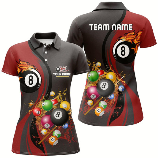 Goofygear Personalized Billiards Ball 8 Water Flow Polo Shirts For Women, Custom 8 Ball Flame Billiard Jerseys