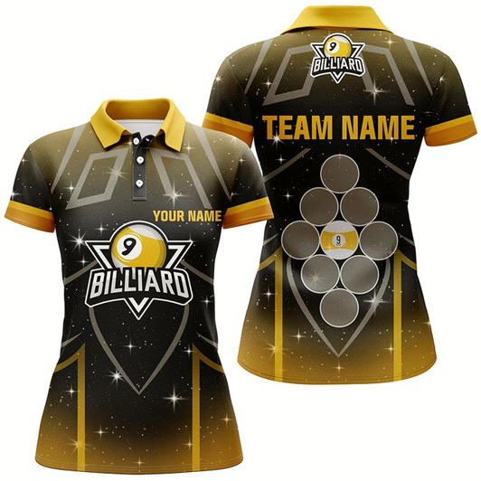 Goofygear Personalized 9 Ball Pool Yellow Black Billiard 3D Polo Shirts For Women, 9 Ball Billiard Jerseys