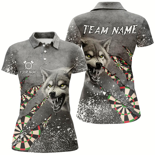 Goofygear Personalized Grey Grunge Wolf Dart Shirts For Women, Darts League Team Shirts Cool Dart Jerseys