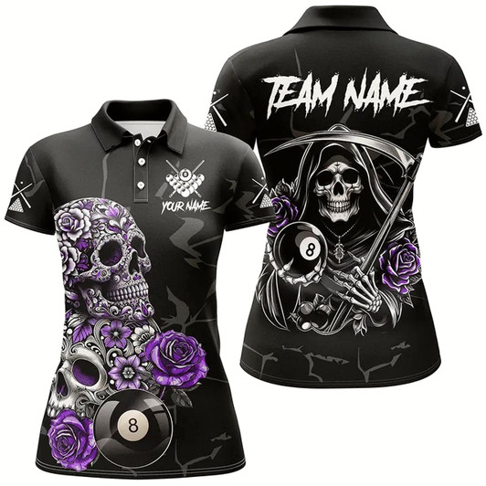 Goofygear Personalized Purple Funny Skull Roses 8 Ball Billiard Shirts For Women Custom Pool Team Shirts Design