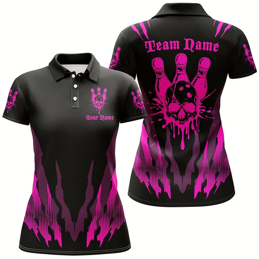 Goofygear Custom Bowling Shirts For Women, Skull Bowling Team Shirts Bowling Pin Pink Style 1
