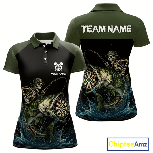 Goofygear Funny Skeleton Fishing Darts Shirt For Women, Darts Jersey With Pocket Option