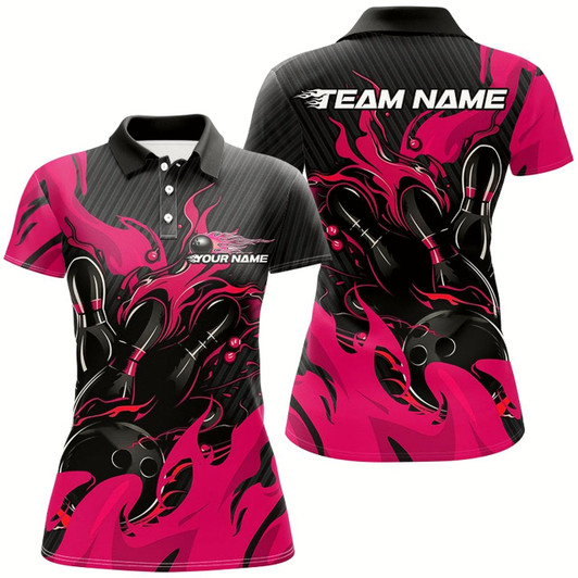 Goofygear Black And Pink Custom Flame Bowling Shirts For Women, Bowling League Shirts Team Uniform