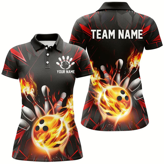 Goofygear Red And Black Custom Flame Bowling Shirts For Women, Custom Bowling Team Shirts Outfits