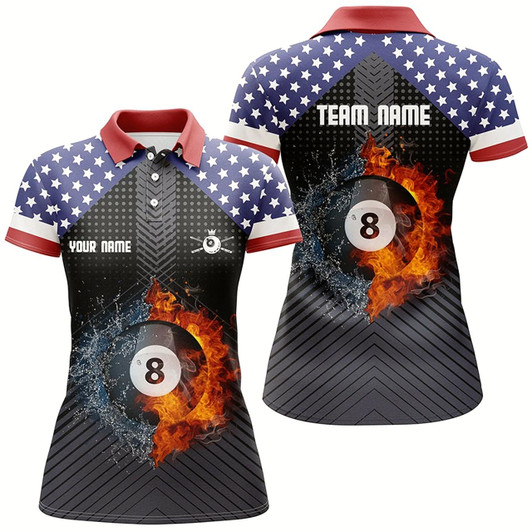 Goofygear Personalized Fire And Water 8 Ball Us Flag Billiard Polo Shirts For Women, Custom 8 Ball Pool Jerseys