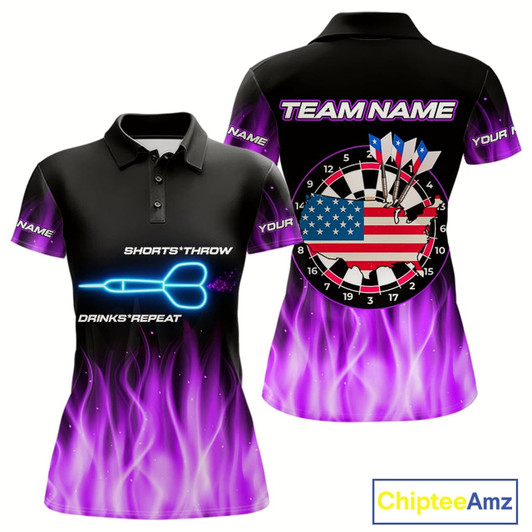 Goofygear Custom Purple Flames Patriotic Dart Shirt For Women American Flag Dart Team Jerseys