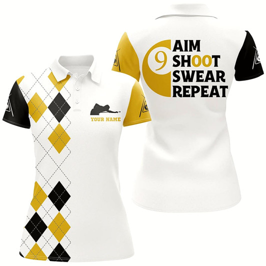 Goofygear Personalized Customized Aim Shoot Swear Repeat 9 Ball Pool Yellow Billiard Polo Shirts For Women