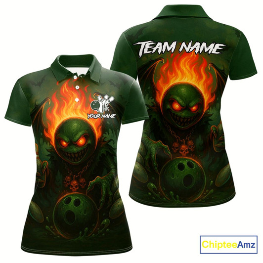 Goofygear Custom Halloween Bowling Shirt For Women Green Flame Skull, Personalized Bowling Shirts For Team