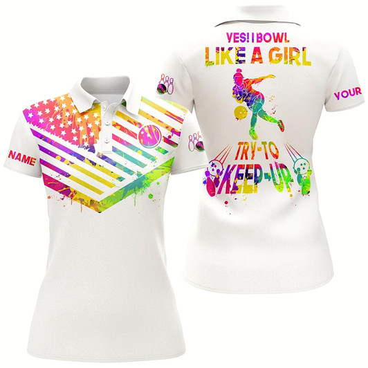 Goofygear Womens Bowling Shirt Watercolor American Flag Custom Name Yes I Bowl Like A Girl Try To Keep Up