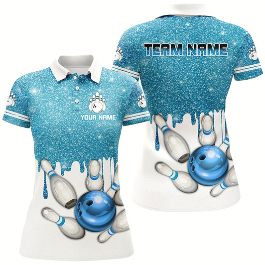 Goofygear Blue Glitter Bowling Shirts For Women Custom Team Bowling Jerseys, Personalized Bowling Uniform
