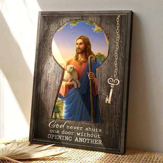 God Never Shuts One Door Without Opening Another Jesus Canvas Wall Art Featuring Bible Verse And Sc Christian Gift Decor