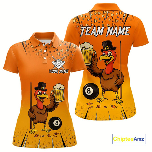 Goofygear Orange Funny Turkey 8 Ball Pool Billiard Shirt For Women Custom Thanksgiving Billiard Jersey