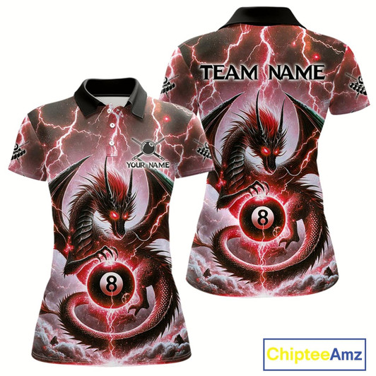 Goofygear Personalized Thunder Lightning Dragon Billiard Shirt For Women, Red 8 Ball Pool Team Jersey