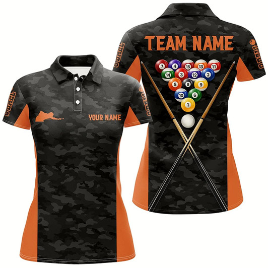Goofygear Personalized Orange Grey Camouflage 8 Ball Billiard 3D Polo Shirts For Women, Billiards Jerseys