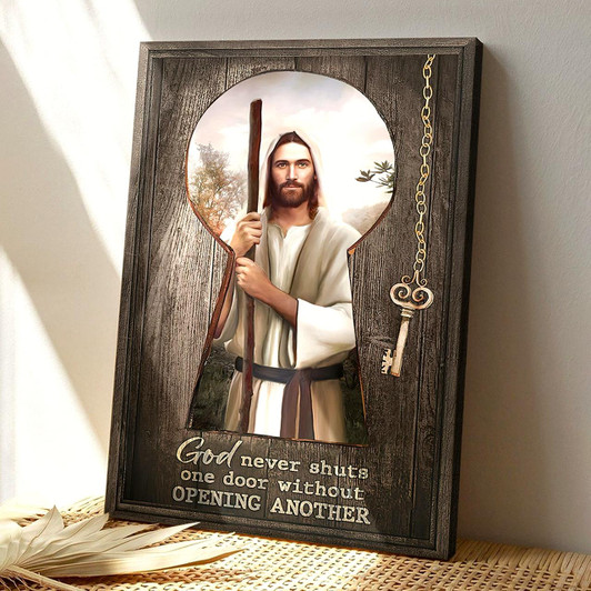 God Never Shuts One Door Without Opening Another Inspirational Jesus Canvas Wall Art Featuring Bibl Christian Gift Decor