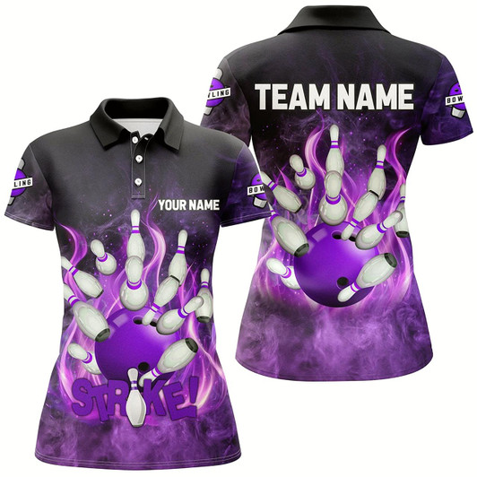 Goofygear Purple Flame Strike Bowling Shirts For Women Custom Bowling Team League Jerseys, Womens Bowling Shirts
