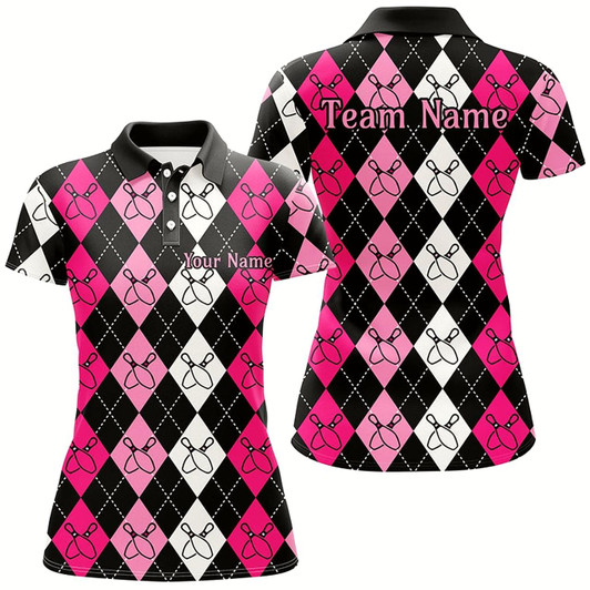 Goofygear Pink Argyle Pattern Bowling Shirts For Women, Custom Bowling Uniforms