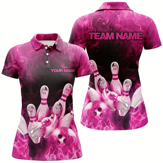 Goofygear Custom Fire Strike Bowling Shirts For Women, Pink Flame Bowling League Shirts Bowling Team