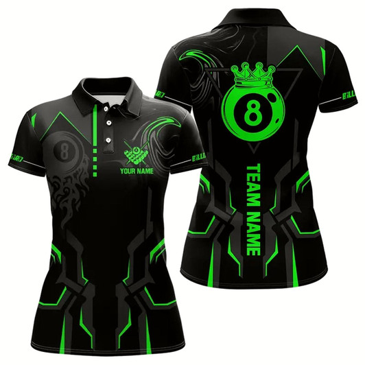Goofygear Customized 8 Ball Pool Crown Women Billiard Shirts, Green And Black Billiard Team Shirts Pool Jersey