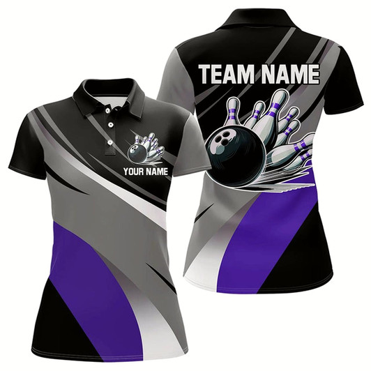 Goofygear Personalized Black, Gray And Purple Bowling Shirt For Women, Bowling Ball And Pins Bowling Team Shirts