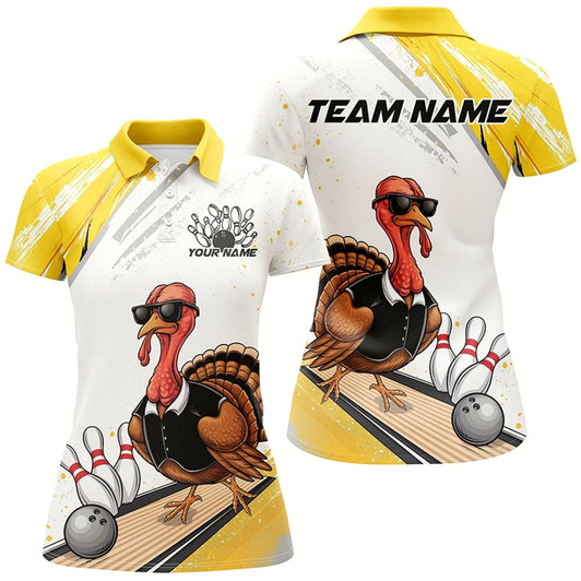 Goofygear Custom Yellow Funny Turkey Bowling Team Shirts For Women, Thanksgiving Bowler Outfits Style 2