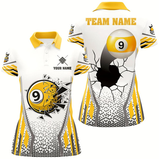 Goofygear Yellow Funny 9 Ball Pool Crack Billiard Shirt For Women Custom 9 Ball Billiard Team Shirt Pool Jersey