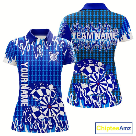 Goofygear Blue Flames Dart Shirt For Women Dartboard Design - Custom Team & Player Name