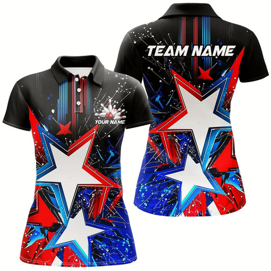 Goofygear Red White And Blue Stars Custom Us Bowling Shirts For Women, Patriotic Bowling Team Shirts Style 2