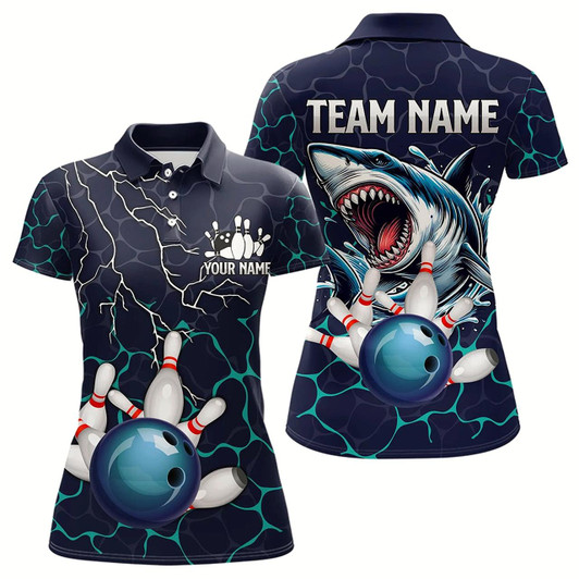 Goofygear Blue Shark Camo Lightning Thunder Bowling Shirts For Women Custom Bowling Team Shirts, Gift For Bowler
