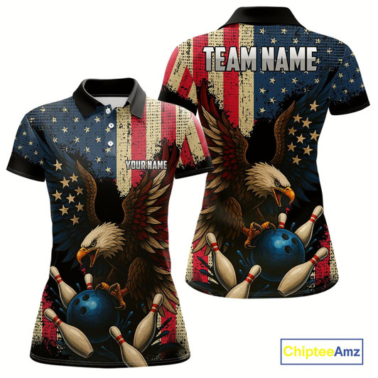 Goofygear Vintage American Flag Eagle Bowling Shirt For Women Custom Patriotic Retro Team Bowling Jerseys