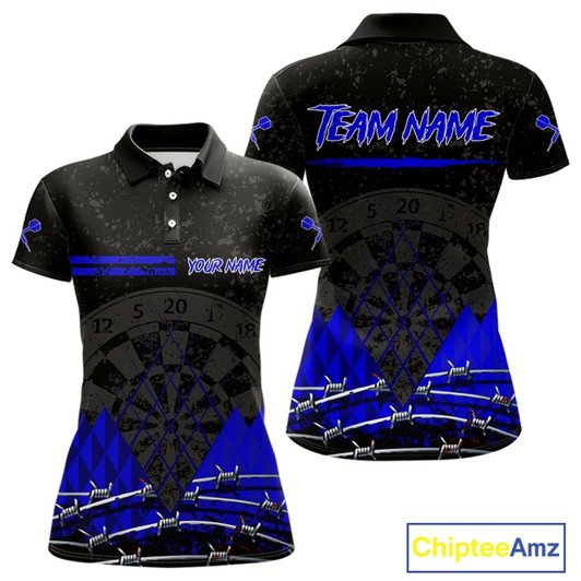 Goofygear Barbed Wire & Grunge Dartboard Blue Darts Shirt For Women - Custom Name For Players