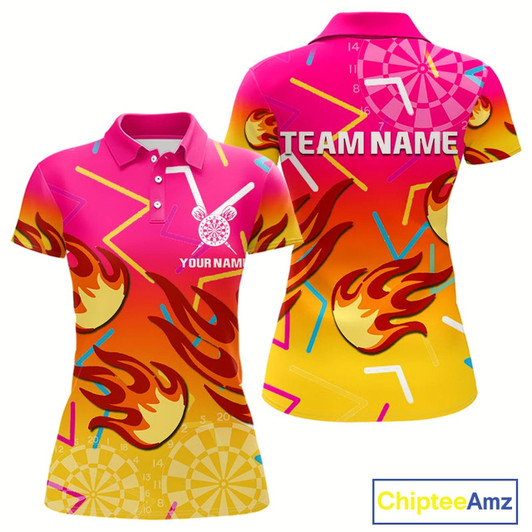 Goofygear Flames In Vibrant Pink & Yellow Darts Funny Shirt For Women - Custom Team Name