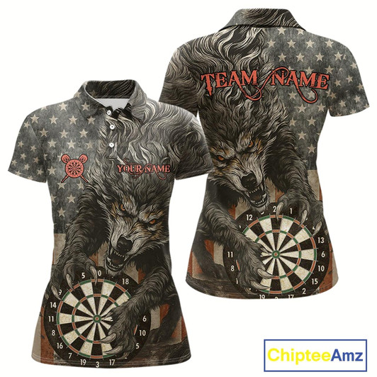 Goofygear Personalized Vintage American Flag Wolf Darts Shirt For Women, Patriotic Dart Team Jerseys