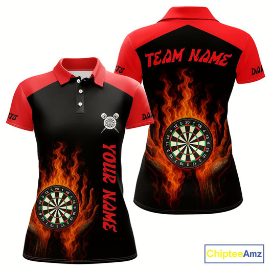Goofygear Women'S Flaming Darts Shirt - Custom Name & Team Fire Dartboard Shirt For Players