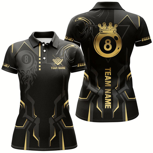 Goofygear Customized 8 Ball Pool Crown Women Billiard Shirts, Gold And Black Billiard Team Shirts, Pool Jerseys