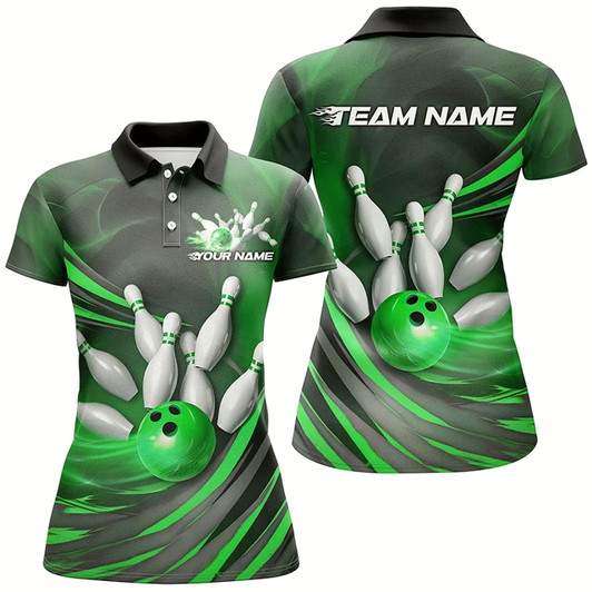 Goofygear Green Flame Custom Bowling Shirts For Women, Fire Bowling Team Uniform Tournament