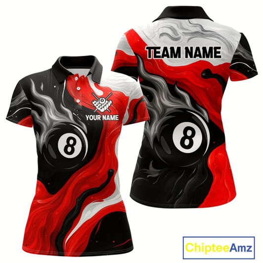 Goofygear Personalized Black, Red And White 8 Ball Flame Billiard Shirt For Women Custom Pool Team Jerseys