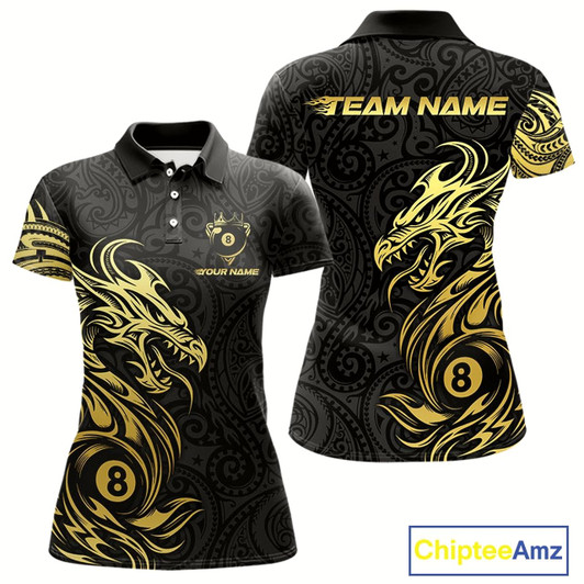 Goofygear Personalized Black And Gold Tribal Dragon Billiard Shirt For Women Custom 8 Ball Pool Team Jerseys