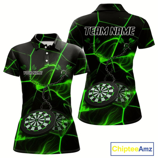 Goofygear Flame Dartboard & Chains Darts Shirt For Women - Custom Name & Team Jersey Opt3 - Green