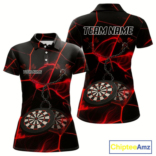 Goofygear Flame Dartboard & Chains Darts Shirt For Women - Custom Name & Team Jersey Opt1 - Red
