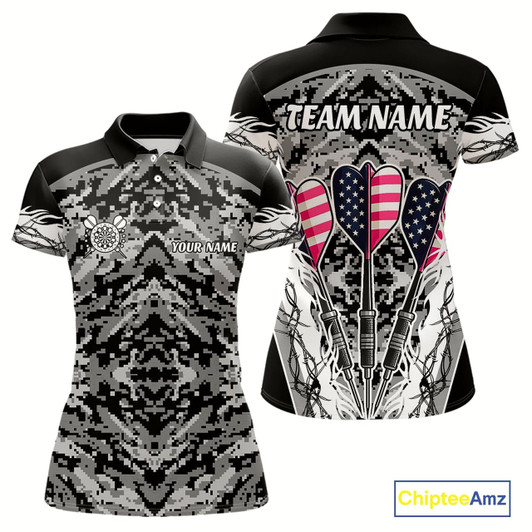 Goofygear White Black Grunge Camo Funny Us Flag Arrows Darts Shirt For Women Custom Darts Jersey Team Shirts