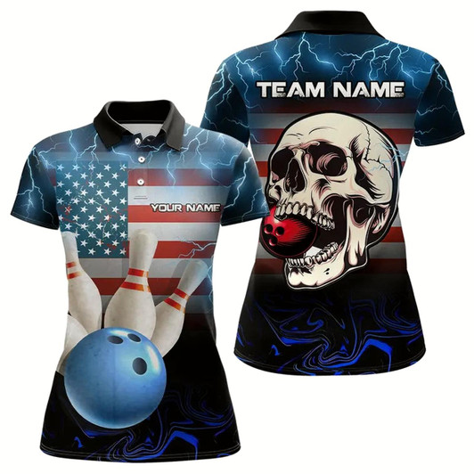 Goofygear American Flag Skull Bowling Blue Lightning Thunder Bowling Shirt For Women Custom Team Bowling Jerseys