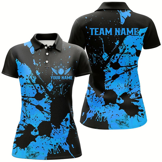 Goofygear Custom Name Black And Blue Bowling Team Shirts For Women, Bowling League Jerseys