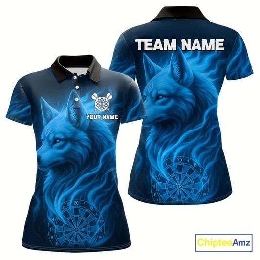 Goofygear Blue Flaming Wolf Dartboard Darts Shirt For Women - Custom Team Jersey For Players
