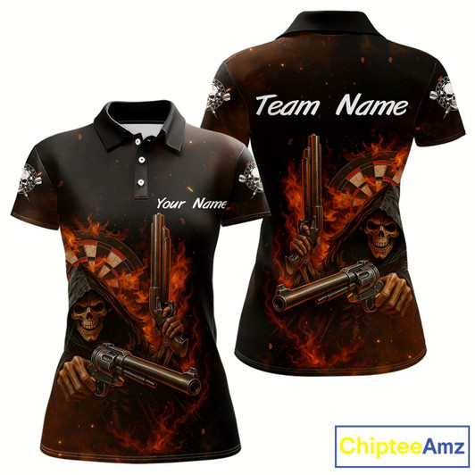 Goofygear Flaming Grim Reaper Custom Name Darts Jersey For Women - Skull Darts Shirt For Players
