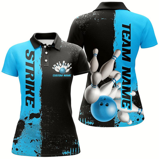 Goofygear Black And Blue Strike Bowling Team Shirts For Women, Custom Bowling Jerseys For Bowlers Style 2