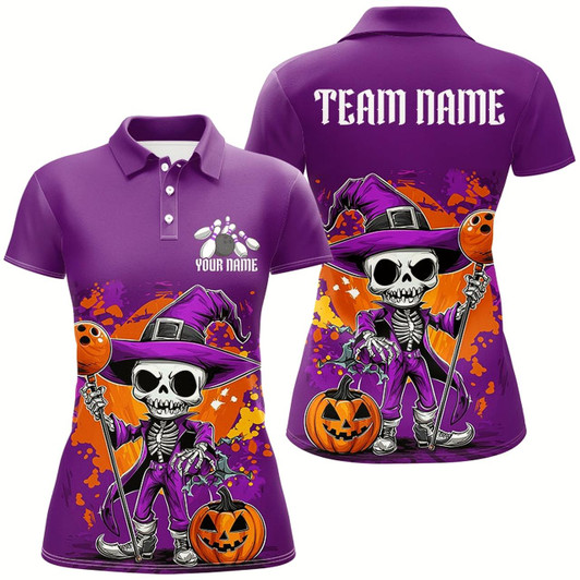 Goofygear Custom Purple Funny Halloween Skeleton Bowling Shirts For Women, Bowling Team Outfits
