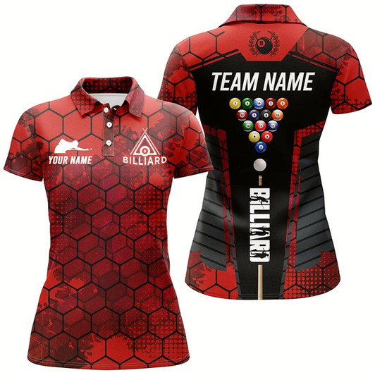 Goofygear Red Grunge Hexagon Billiard Shirts For Women Custom Pool Jerseys, Billiard Tournament Team Shirts