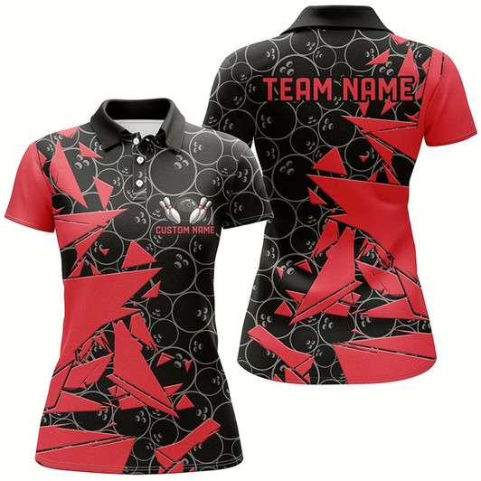 Goofygear Custom Red Bowling Team Shirts For Women, Bowling Ball Pattern Bowlers Outfits